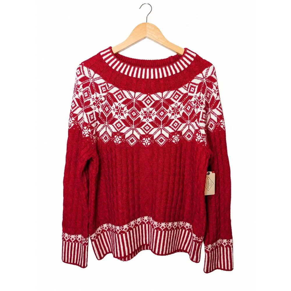 NWT St. John's Bay Red Fair Isle Cable Knit Holiday Sweater Women's L Winter
